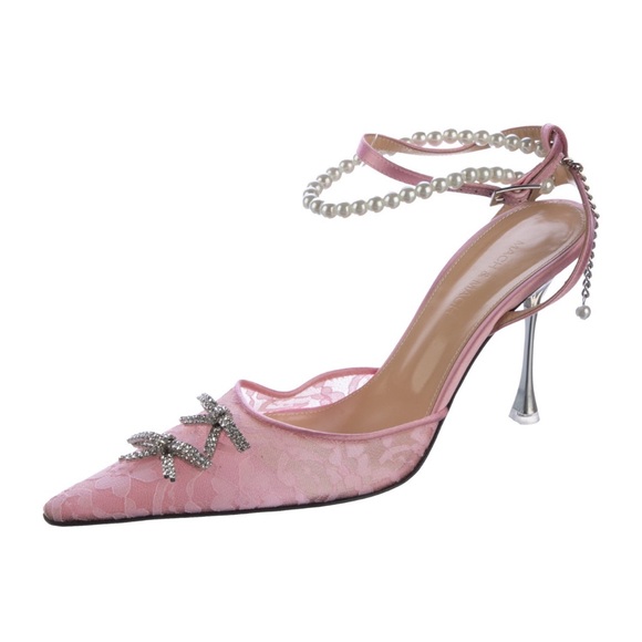 Mach & Mach Mini Bow Embellished Lace Heels Pumps Pointed Toe Pink Size 38.5 EU - Picture 1 of 6